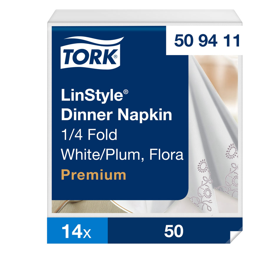 Tork LinStyle® Dinnerservietten mit Blütenmotiv Weiß/Pflaumenblau