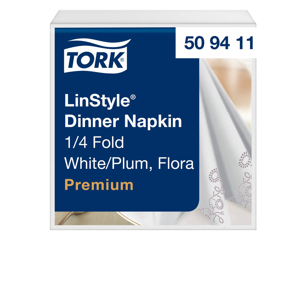 Tork LinStyle® Dinnerservietten mit Blütenmotiv Weiß/Pflaumenblau