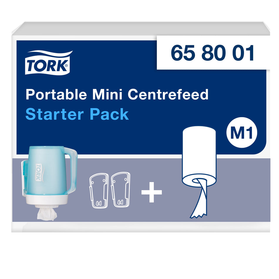 Tork Starter Pack Distributeur à Dévidage Central Mini blanc et turquoise M1