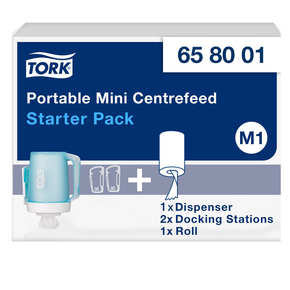 Tork Starter Pack Distributeur à Dévidage Central Mini blanc et turquoise M1